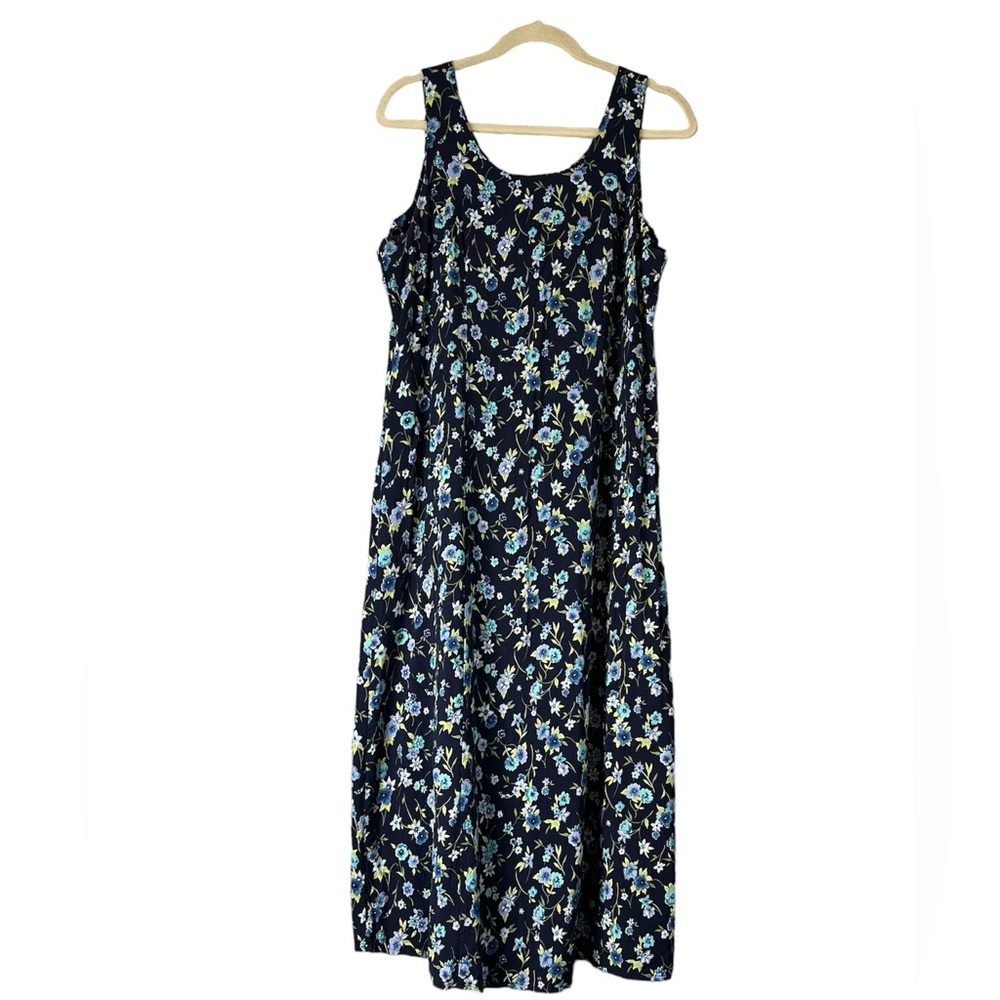 Vintage Alexandra Lee Blue Floral Print Shift Dress- 90s Sleeveless Maxi Large